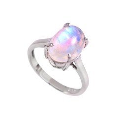 Redgem 925 Silver Ring for Women Natural Rainbow Moonstone White 9X13 MM Oval