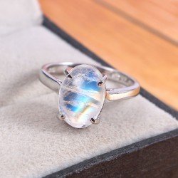 Redgem 925 Silver Ring for Women Natural Rainbow Moonstone White 9X13 MM Oval