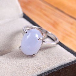 Redgem 925 Silver Ring for Women Natural Chalcedony Blue 9X13 MM Oval