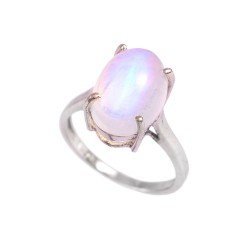 Redgem Sterling Silver Ring for Women Natural Rainbow Moonstone White 10X14 MM Oval