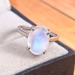 Redgem Sterling Silver Ring for Women Natural Rainbow Moonstone White 10X14 MM Oval
