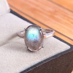 Redgem 925 Silver Ring for Women Natural Labradorite Grey 10X14 MM Oval