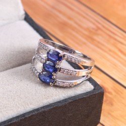 Redgem Sterling Silver Ring for Women Natural Blue Sapphire Blue 4X6 MM Oval