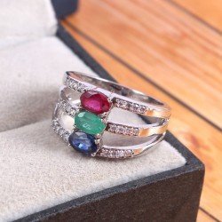 Redgem Sterling Silver Ring for Women Natural Blue Sapphire Emerald Ruby Multi 4X6 MM Oval