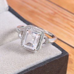 Redgem 925 Silver Ring for Women Natural Rock Crystal  Colorless 7X9 MM Rectangle