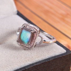 Redgem Sterling Silver Ring for Women Natural Labradorite Grey 7X9 MM Rectangle