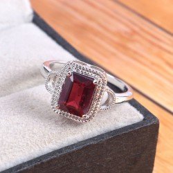 Redgem 925 Silver Ring for Women Natural Garnet Red 7X9 MM Rectangle