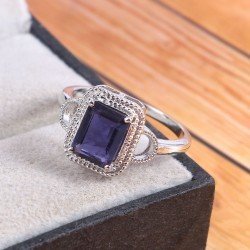Redgem Sterling Silver Ring for Women Natural Iolite Blue 7X9 MM Rectangle