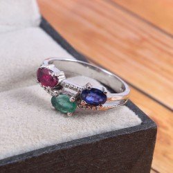 Redgem 925 Silver Ring for Women Natural Blue Sapphire Emerald Ruby Multi 4X6 MM Oval