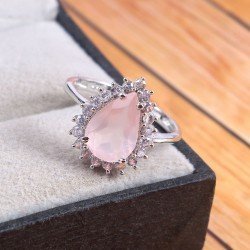 Redgem 925 Silver Ring for Women Natural Rose Quartz Pink 8X12 MM Pear
