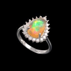 Redgem Sterling Silver Ring for Women Natural Ethiopian Opal  Yellow 8X12 MM Pear