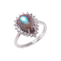 Redgem 925 Silver Ring for Women Natural Labradorite Grey 8X12 MM Pear