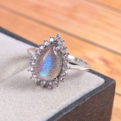 Redgem 925 Silver Ring for Women Natural Labradorite Grey 8X12 MM Pear