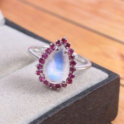 Redgem 925 Silver Ring for Women Natural Rainbow Moonstone White 8X12 MM Pear