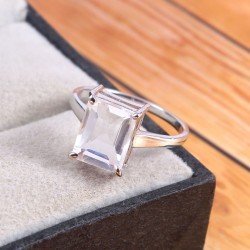 Redgem Sterling Silver Ring for Women Natural Rock Crystal  Colorless 8X10 MM Rectangle