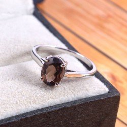 Redgem 925 Silver Ring for Women Natural Smoky Quartz Brown 7X9 MM Oval