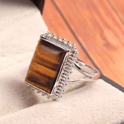 Redgem 925 Silver Ring for Women Natural Tiger Eye 12X16 MM Rectangle