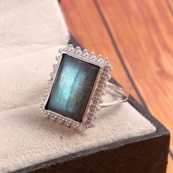 Redgem Sterling Silver Ring for Women Natural Labradorite Grey 12X16 MM Rectangle