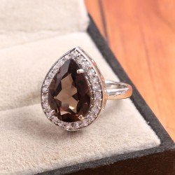 Redgem 925 Silver Ring for Women Natural Smoky Quartz Brown 9X13 MM Pear