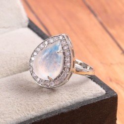 Redgem 925 Silver Ring for Women Natural Rainbow Moonstone White 9X13 MM Pear