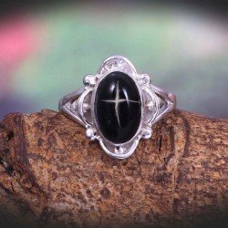 Redgem 925 Silver Ring for Women Natural Blackstar Black 8X12 MM Oval