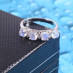 Redgem 925 Silver Ring for Women Natural Rainbow Moonstone White 4 MM Round