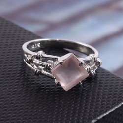 Redgem 925 Silver Ring for Women Natural Rose Quartz Pink 8 MM Square