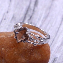 Redgem Sterling Silver Ring for Women Natural Smoky Quartz Brown 8 MM Square