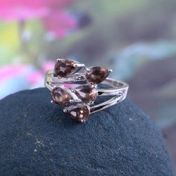 Redgem 925 Silver Ring for Women Natural Smoky Quartz Brown 4X6 MM Pear