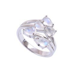 Redgem 925 Silver Ring for Women Natural Rainbow Moonstone White 4X6 MM Pear