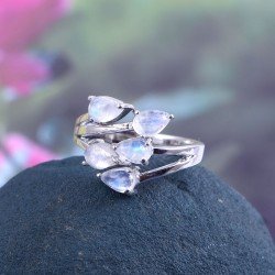 Redgem 925 Silver Ring for Women Natural Rainbow Moonstone White 4X6 MM Pear