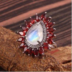 Redgem 925 Silver Ring for Women Natural Rainbow Moonstone White 10X14 MM Pear
