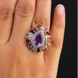 Redgem Sterling Silver Ring for Women Natural Amethyst Purple 10X14 MM Pear