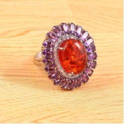 Redgem Sterling Silver Ring for Women Natural Amber Orange 12X16 MM Oval