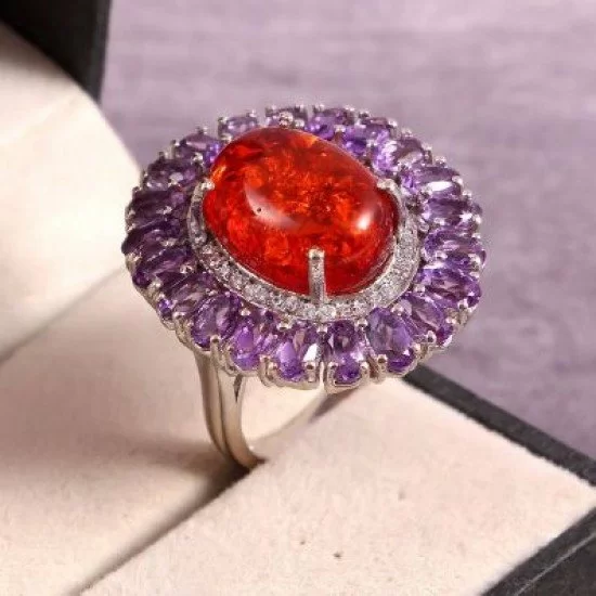 Redgem Sterling Silver Ring for Women Natural Amber Orange 12X16