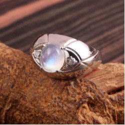Redgem 925 Silver Ring for Women Natural Rainbow Moonstone White 8X10 MM Oval