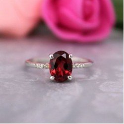 Redgem 925 Silver Ring for Women Natural Garnet Red 6X8 MM Oval