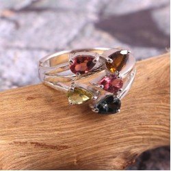 Redgem Sterling Silver Ring for Women Natural Tourmaline Multi 4X6 MM Pear
