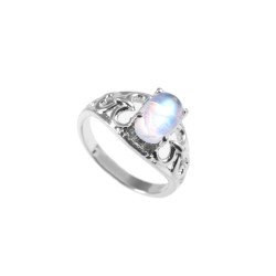 Redgem Sterling Silver Ring for Women Natural Rainbow Moonstone White 7X10 MM Oval