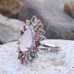Redgem Sterling Silver Ring for Women Natural Rose Quartz Pink 10X14 MM Pear