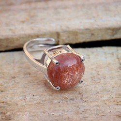 Redgem Sterling Silver Ring for Women Natural Sun Stone Orange 13 MM Round