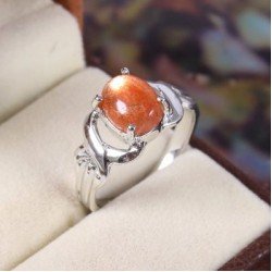 Redgem 925 Silver Ring for Women Natural Sun Stone Orange 8X10 MM Oval