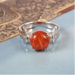 Redgem Sterling Silver Ring for Women Natural Sun Stone Orange 10 MM Round
