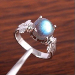 Redgem 925 Silver Ring for Women Natural Labradorite Grey 10 MM Round