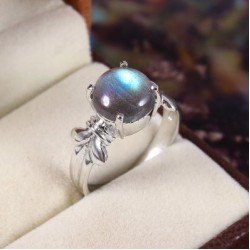 Redgem 925 Silver Ring for Women Natural Labradorite Grey 10 MM Round