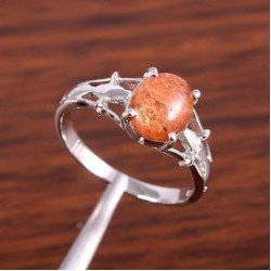 Redgem 925 Silver Ring for Women Natural Sun Stone Orange 8X10 MM Oval