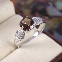 Redgem 925 Silver Ring for Women Natural Smoky Quartz Brown 8 MM Round