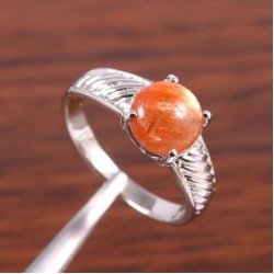 Redgem Sterling Silver Ring for Women Natural Sun Stone Orange 9 MM Round