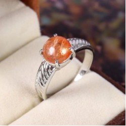 Redgem Sterling Silver Ring for Women Natural Sun Stone Orange 9 MM Round