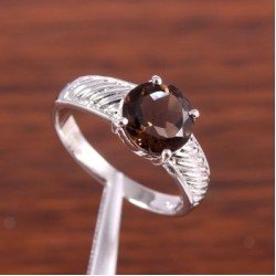 Redgem Sterling Silver Ring for Women Natural Smoky Quartz Brown 9 MM Round